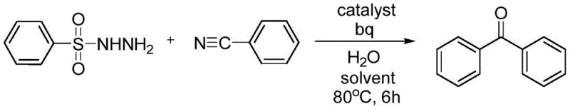 General reaction scheme showing phenylsulfonyl hydrazide reacting with benzonitrile to form benzophenone using Pd catalyst