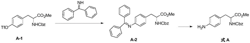 Reaction scheme showing the conversion of aromatic OTf to primary amine via benzophenone imine intermediate