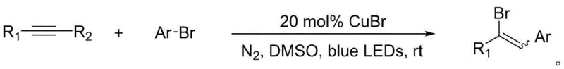 General reaction scheme for the synthesis of aromatic vinyl bromide derivatives using CuBr catalyst and blue LEDs