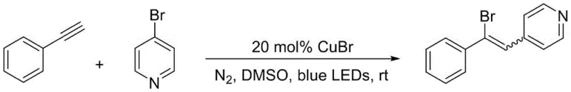 Specific example reaction of phenylacetylene and 4-bromopyridine yielding vinyl bromide derivative