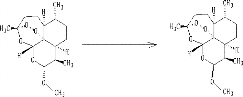 Chemical reaction scheme showing the acid-catalyzed epimerization of Alpha-artemether to Beta-artemether