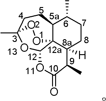 Chemical structure of Artemisinin showing the critical peroxy bridge and atomic numbering