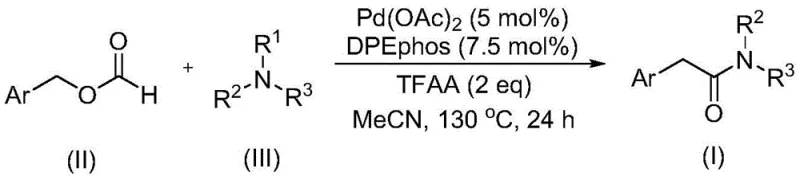 General reaction scheme for Pd-catalyzed synthesis of aryl acetamides using benzyl formate and tertiary amines