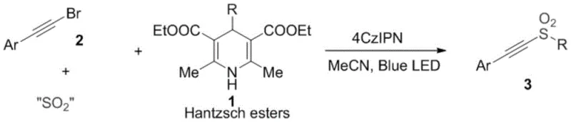 General reaction scheme for synthesizing aryl acetylene alkyl sulfones using Hantzsch esters and 4CzIPN under blue LED irradiation