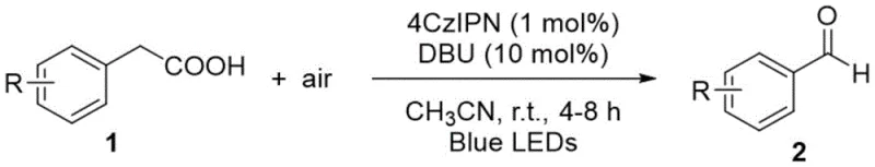 General reaction scheme showing oxidative decarboxylation of aryl acetic acid to aryl aldehyde using 4CzIPN and air