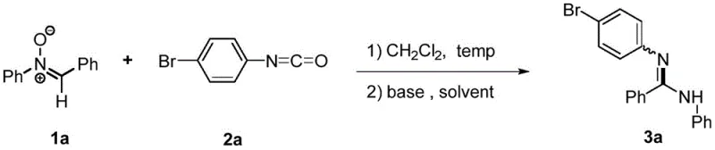 General reaction scheme for the one-pot synthesis of aryl amidines from nitrones and isocyanates showing high yields