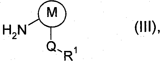 Chemical structure of arylamine reactant formula III showing amino group and variable substituents M Q and R1