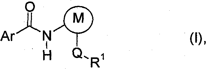 General chemical structure of aryl carboxamides formula (I) showing variable substituents Ar, M, Q, and R1