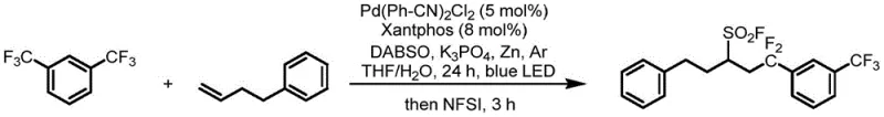Specific embodiment synthesizing 1,1-difluoro-5-phenyl-1-(3-(trifluoromethyl)phenyl)pentane-3-sulfonyl fluoride