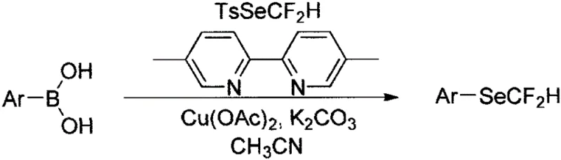 Reaction scheme showing copper-catalyzed synthesis of aryl difluoromethylselenyl ether from aryl boronic acid