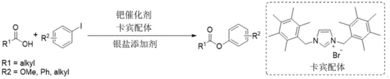 General reaction scheme showing palladium-catalyzed direct C-O coupling between carboxylic acids and halogenated aromatics with silver salt additive