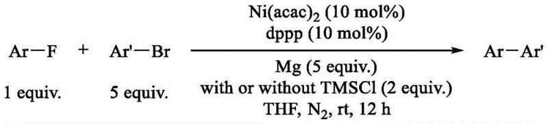 General reaction scheme showing direct cross-coupling of aryl fluoride and aryl bromide using Ni catalyst and Mg