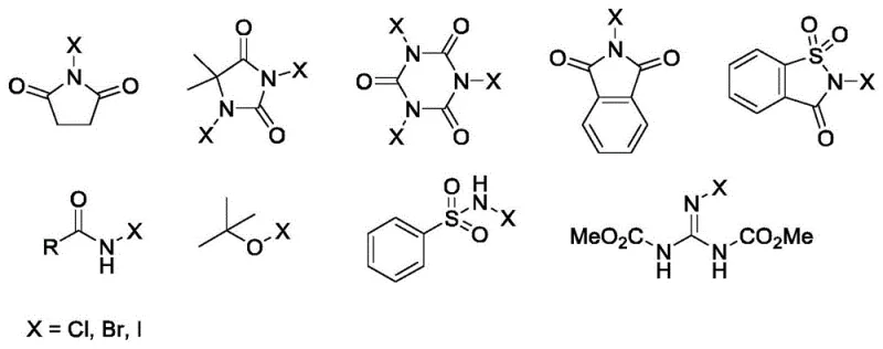 Structures of various N-halo halogenating reagents used in the synthesis