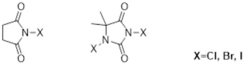 Structures of N-halosuccinimide and dihalohydantoin halogenating reagents