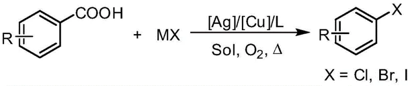 General reaction scheme for silver-catalyzed decarboxylative halogenation of aryl carboxylic acids
