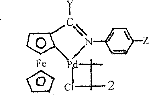 Chemical structure of the ferrocene imine cyclopalladium complex catalyst used in the synthesis