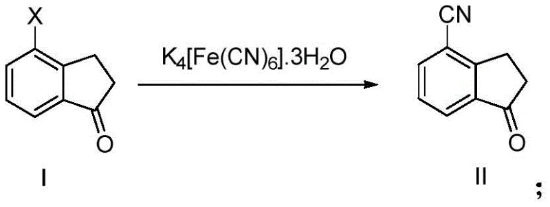 Core reaction scheme showing the conversion of Compound I to Compound II using Pd catalyst and K4FeCN6