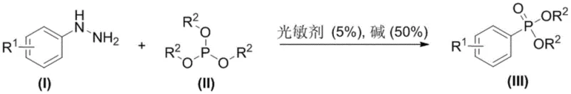 General reaction scheme showing the coupling of aryl hydrazine (I) and phosphite ester (II) to form aryl phosphonate (III) under visible light