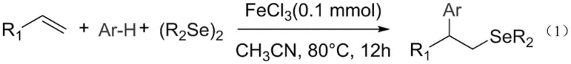 General reaction scheme for FeCl3 catalyzed synthesis of aryl selenide compounds from styrene, aromatic hydrocarbon and diselenide