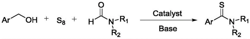 General reaction scheme showing the conversion of aryl methanol, sulfur, and formamide into aryl thioamide