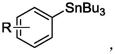 General structural formula of aryl tri-n-butyl tin product showing R substituent variations on aromatic ring