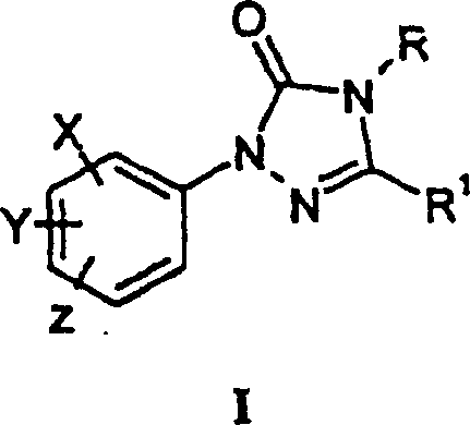 Chemical structure of 1-aryltriazolinone Formula I showing the core triazolinone ring with variable substituents