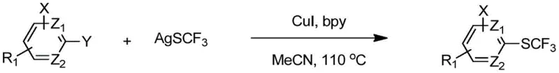 General reaction scheme for copper-catalyzed trifluoromethylthiolation of aryl and heteroaryl bromides showing wide substrate scope