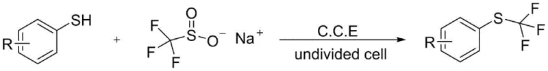 General reaction scheme showing electrochemical coupling of aryl thiophenol and sodium trifluoromethanesulfinate