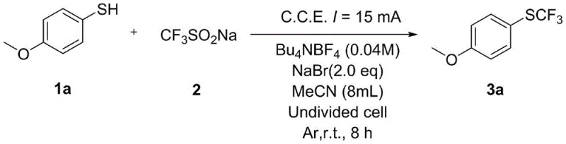 Specific example of electrochemical synthesis yielding 4-methoxy phenyl trifluoromethyl sulfide