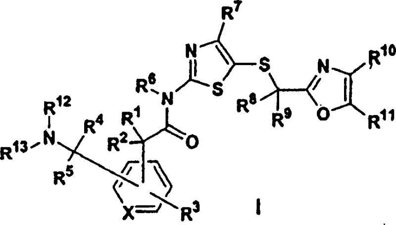 General chemical structure of Formula I showing the 5-(2-oxazolylalkylthio)-2-arylacetylaminothiazole scaffold with variable substituents R1 through R13