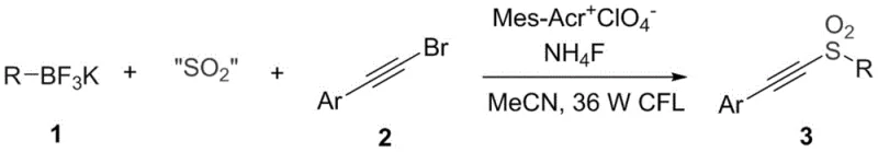 General reaction scheme for synthesizing arylacetylene alkyl sulfones using alkyl fluoroborates, SO2 surrogates, and arylacetylene bromides under visible light photoredox catalysis