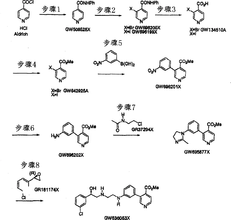 Specific synthesis route for Example 2 showing step-by-step transformation