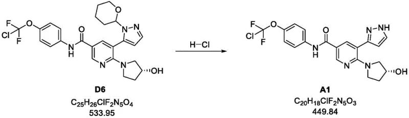 Acid-mediated deprotection of THP-protected amide D6 to yield the final Asciminib free base A1