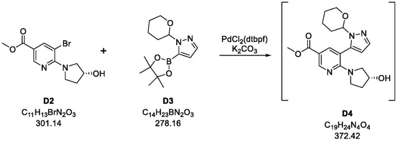 Suzuki-Miyaura coupling reaction converting bromo-nicotinate D2 and pyrazole boronic ester D3 into intermediate D4 using PdCl2(dtbpf)