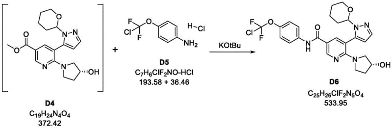 Reaction scheme showing the optimized amide coupling of intermediate D4 with aniline salt D5 to form protected amide D6 using KOtBu
