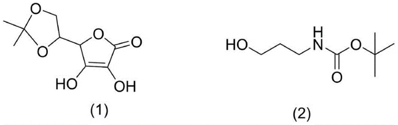 Chemical structures of reactants: acetonylidene protected ascorbic acid and N-Boc-3-aminopropanol