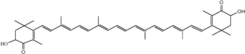 Chemical structure of Astaxanthin showing the conjugated polyene chain and terminal ionone rings