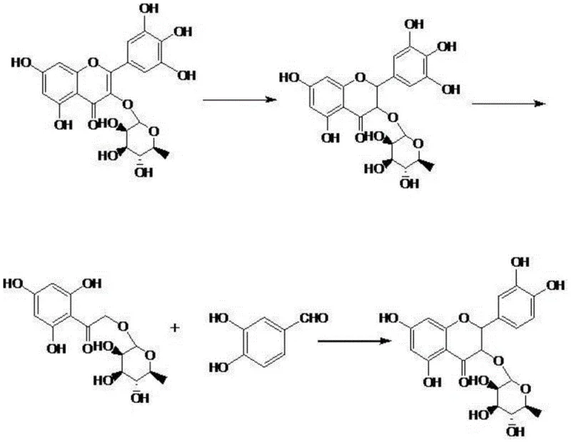 Complete reaction scheme showing the conversion of Myricitrin to Astilbin via dihydromyricitrin and hydroxyacetophenone intermediate