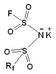 Chemical structure of asymmetric bisfluorosulfonimide potassium showing the potassium cation and the asymmetric anion with perfluoroalkyl and fluorosulfonyl groups