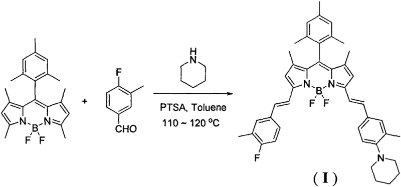 Reaction scheme showing the one-step Knoevenagel condensation synthesis of the asymmetric BODIPY dye