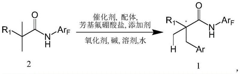 General reaction scheme for asymmetric C-H arylation of amides showing conversion of Formula 2 to Formula 1