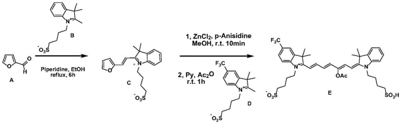 Specific reaction scheme for Example 1 demonstrating the synthesis of sulfonated asymmetric cyanine dye