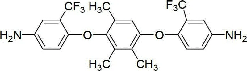 Chemical structure of 1,4-bis(4-amino-2-trifluoromethylphenoxy)-2,3,5-trimethylbenzene showing asymmetric core and trifluoromethyl groups