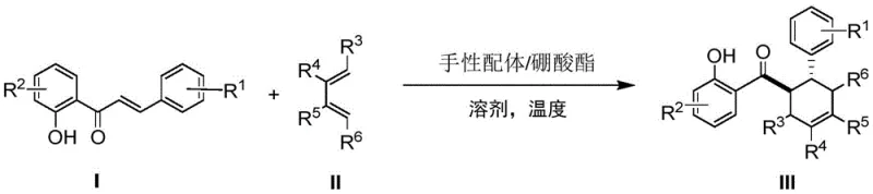 General reaction scheme for the asymmetric Diels-Alder reaction of substituted 2'-hydroxychalcones with dienes catalyzed by chiral ligand/borate complex