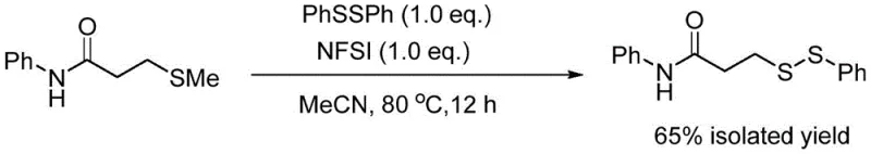 Reaction scheme showing the synthesis of N-phenyl-3-(phenyldisulfanyl)propionamide using PhSSPh and NFSI in MeCN with 65% yield