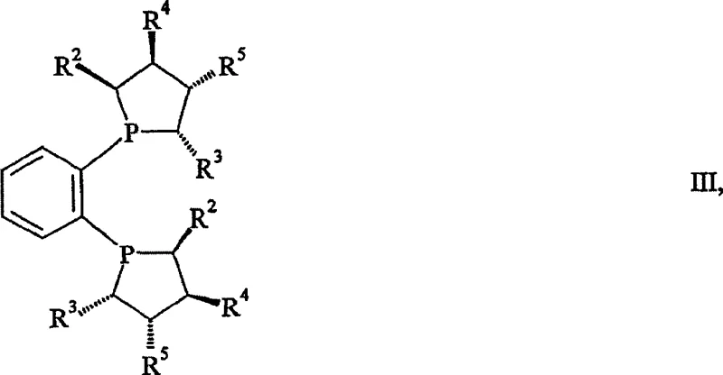 Structure of chiral bidentate phosphine ligands (Formula III) including DuPhos and KetalPhos derivatives used in the catalytic cycle