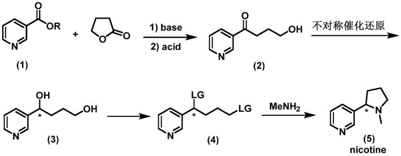 General four-step synthetic route for nicotine showing condensation, reduction, activation, and cyclization