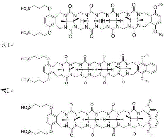 General chemical structures of asymmetric ring-opening cucurbituril formulas I, II, and III showing the C-shaped cavity and sulfonic acid side chains