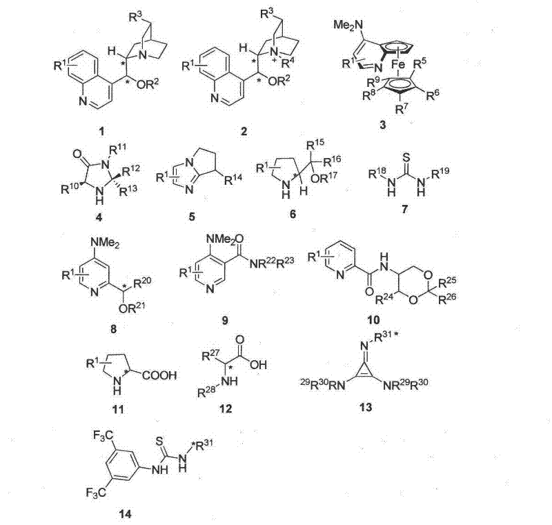 Structures of chiral organic small molecule catalysts numbered 1 through 14 used in the synthesis