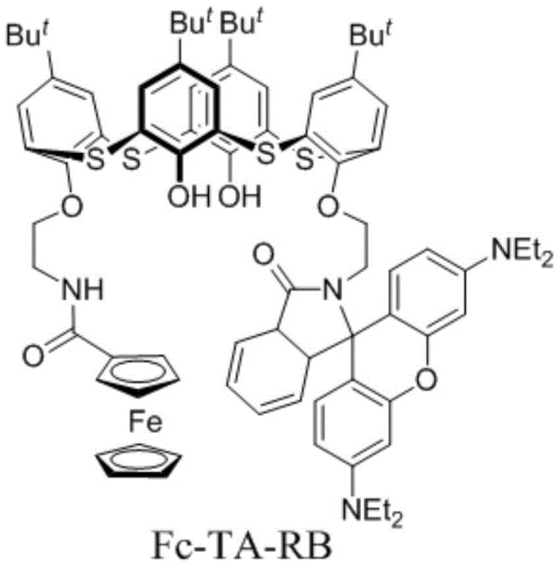 Chemical structure of the asymmetric photoelectric active thiacalix[4]arene receptor molecule Fc-TA-RB featuring ferrocene and rhodamine B groups
